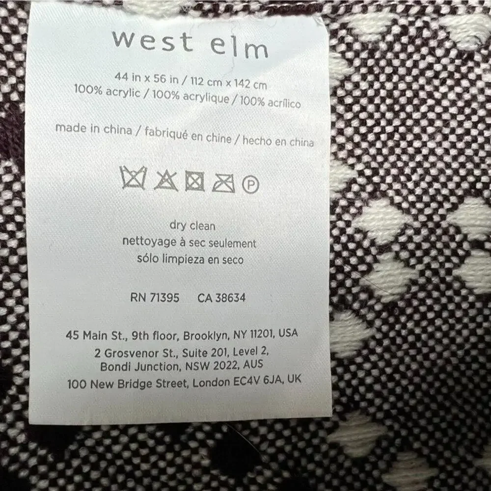 West Elm Throw Blanket Diamond Dot Decorative Burgundy White 44x56 Fringe